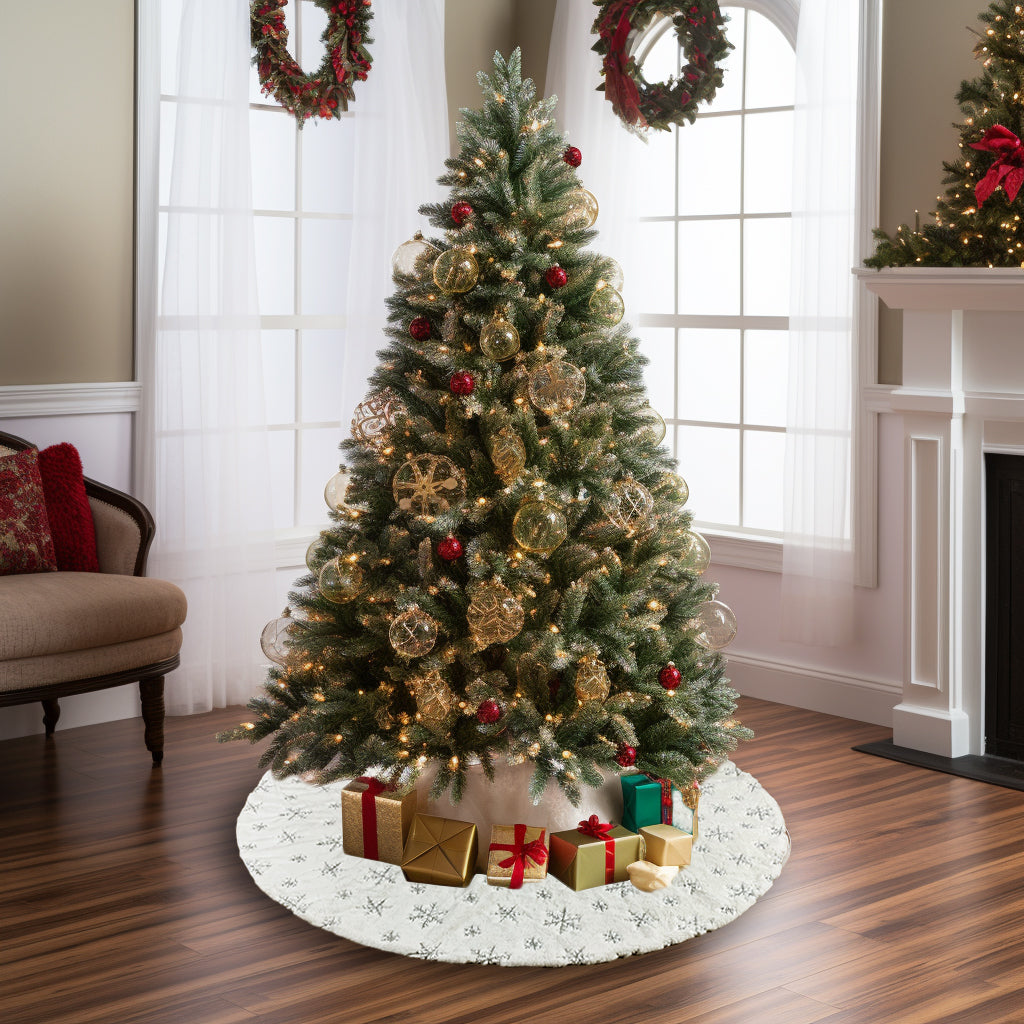 AOGU 48 Inch Sequin Faux Fur Christmas Tree Skirt Decoration for Merry Christmas Party White Plush Silver Sequin Snowflake Xmas Christmas Tree Skirt Decorations
