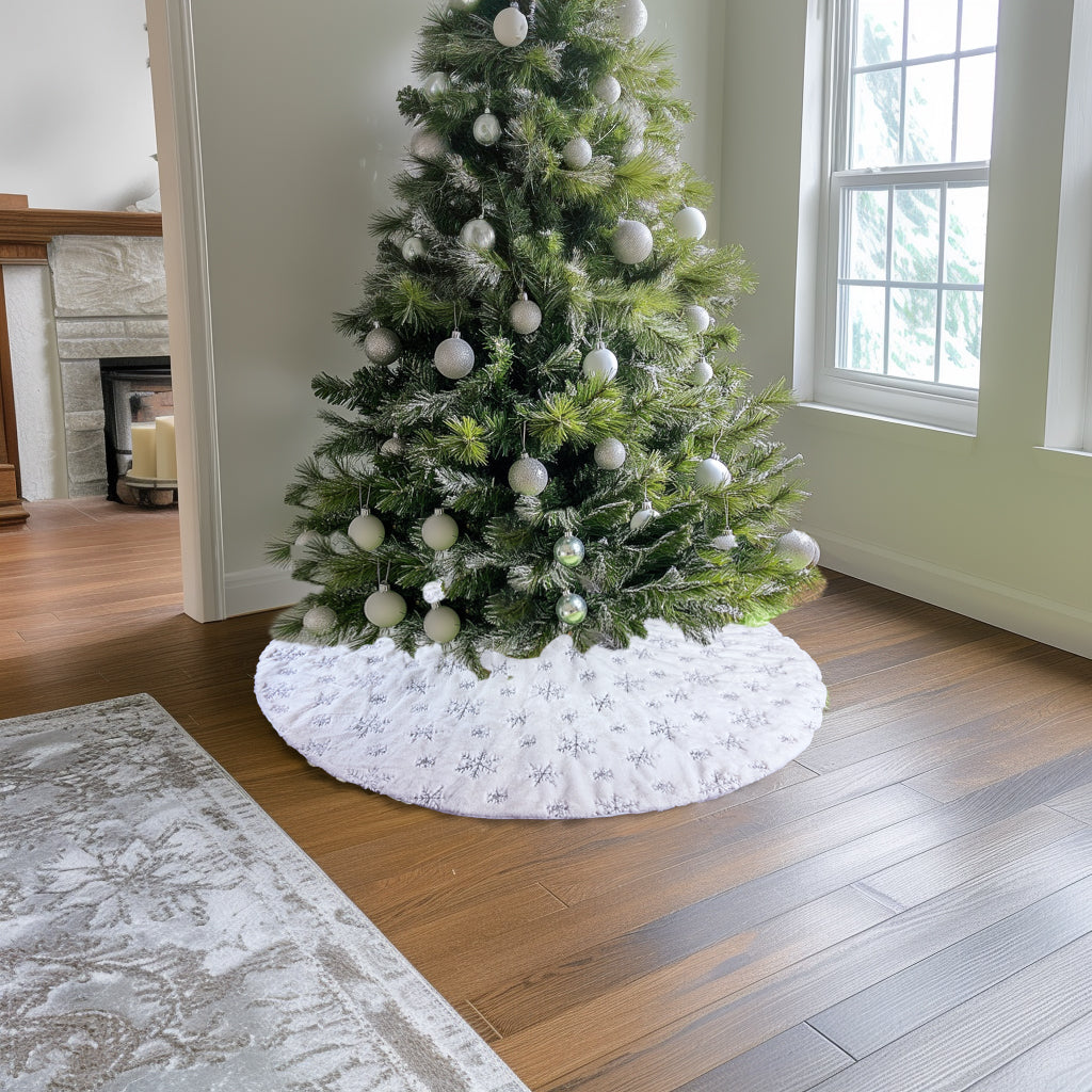 AOGU 48 Inch Sequin Faux Fur Christmas Tree Skirt Decoration for Merry Christmas Party White Plush Silver Sequin Snowflake Xmas Christmas Tree Skirt Decorations
