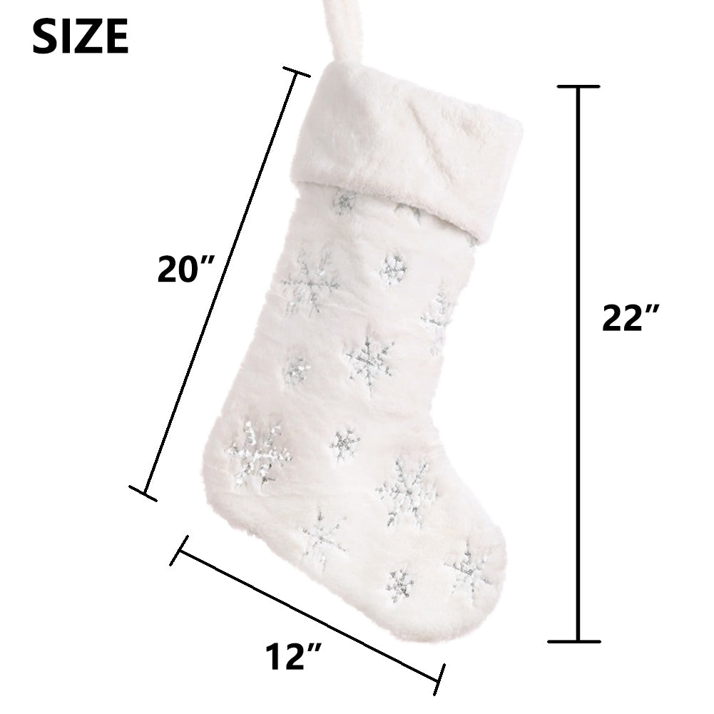 AOGU 3 Pack 22 Inch Faux Fur Sequin Snowflake Christmas Stockings Snowy White Christmas Stockings Hanging Ornaments Candy Gift Bags for Christmas Decorations