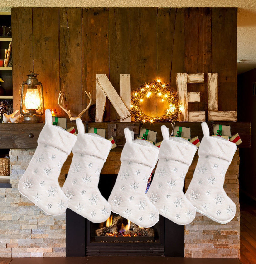 AOGU 3 Pack 22 Inch Faux Fur Sequin Snowflake Christmas Stockings Snowy White Christmas Stockings Hanging Ornaments Candy Gift Bags for Christmas Decorations