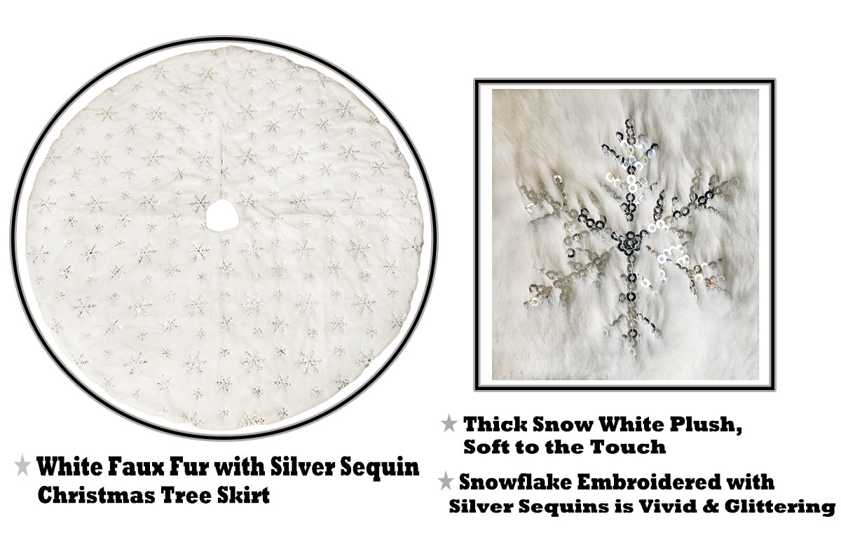 AOGU 48 Inch Sequin Faux Fur Christmas Tree Skirt Decoration for Merry Christmas Party White Plush Silver Sequin Snowflake Xmas Christmas Tree Skirt Decorations