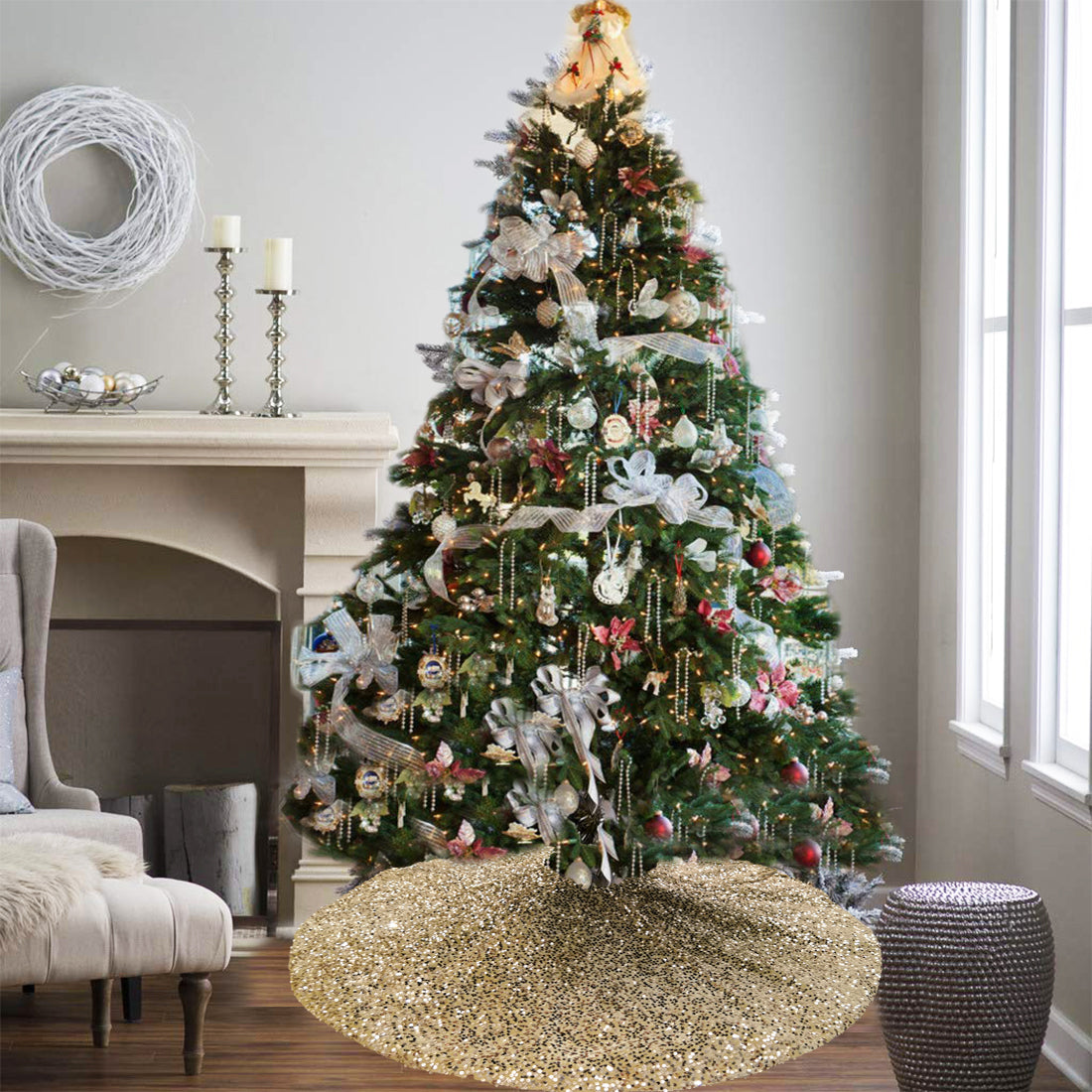 AOGU 36 Inch Champagne Sequin Christmas Tree Skirt for Merry Christmas Party Christmas Tree Decoration (Champagne)