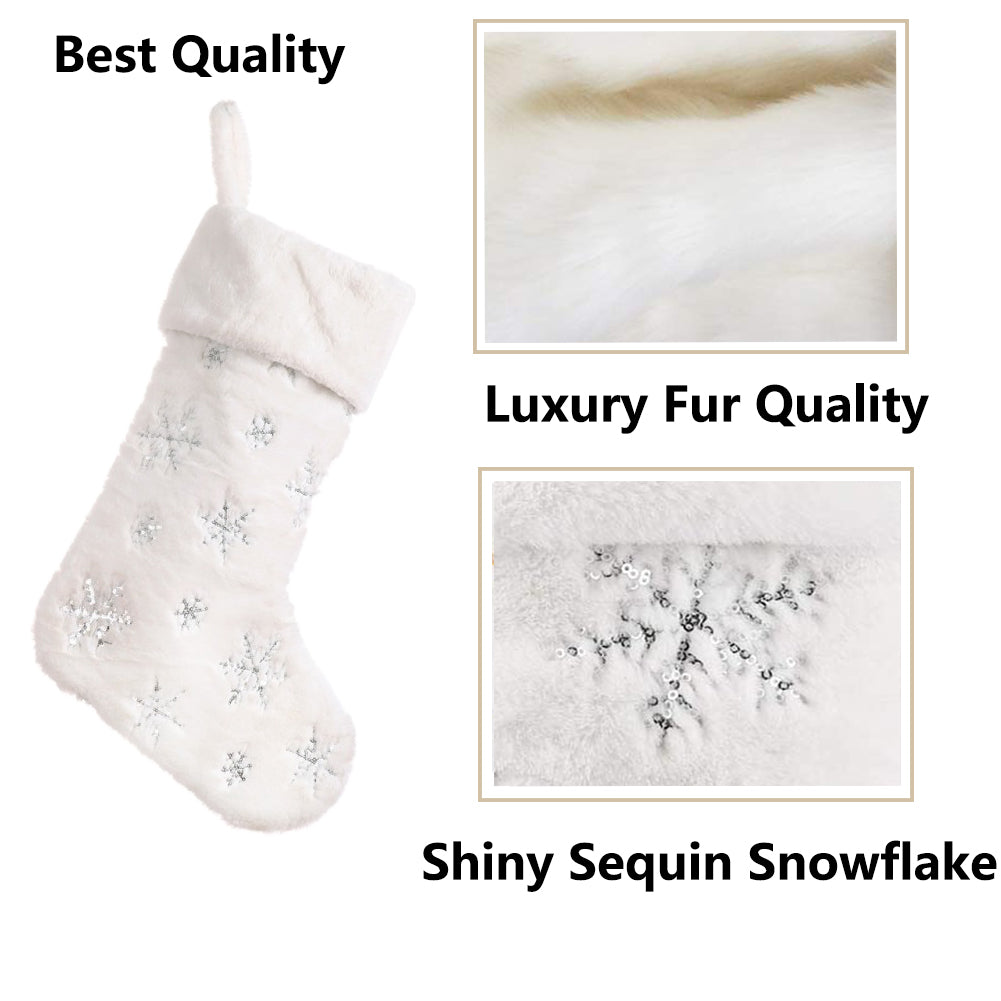 AOGU 3 Pack 22 Inch Faux Fur Sequin Snowflake Christmas Stockings Snowy White Christmas Stockings Hanging Ornaments Candy Gift Bags for Christmas Decorations