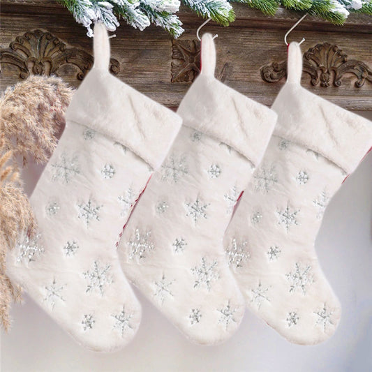 AOGU 3 Pack 22 Inch Faux Fur Sequin Snowflake Christmas Stockings Snowy White Christmas Stockings Hanging Ornaments Candy Gift Bags for Christmas Decorations